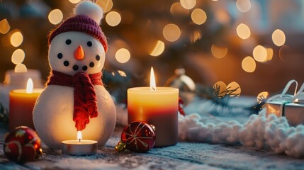 Snowman toy and christmas candle decoration. Christmas holidays and New Year concept. 