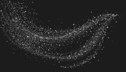 White shimmer with snow and star glitter. Magic dust with wind effect on black background. Can be used as png for Christmas and winter design. Realistic vector snowflake and sparkle texture. © klyaksun