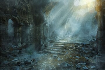 Fototapeta premium Ancient castle ruins illuminated by sunlight with stone archways and debris