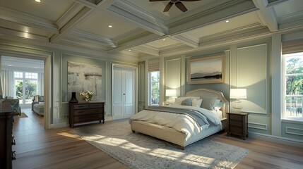Beautiful Light Green Custom Master Bedroom Complete with Entire Wainscoting Wall Fresh Paint Crown and Base Molding Hard Wood Floors and Coffered Ceiling