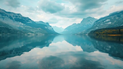 Serene lake reflecting the surrounding mountains, calm and peaceful nature landscape