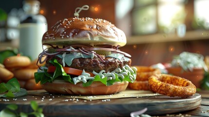 Gourmet beef burger with salad blue cheese sauce sweet potato fries onion rings and coleslaw