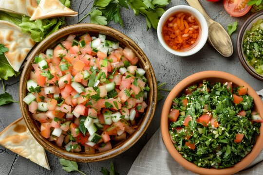 Top view of traditional Lebanese salad with tabbouleh and fattouch