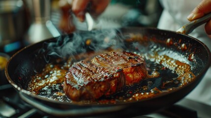 Professional chef cooking pork steak in frying pan on stove using organic sunflower oil and kitchen utensils to prepare smoked meat Cook making delicious gourmet dish Close up Handheld shot
