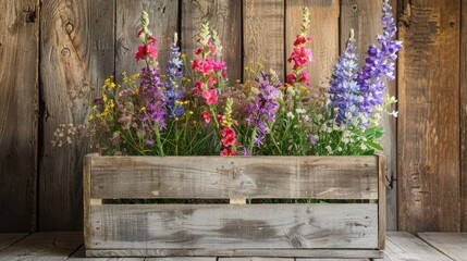 Fototapeta premium Wildflowers in a rustic wooden box display