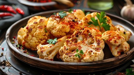 Fototapeta premium Cauliflower steak with spices cooked in pan Vegetable meat substitute