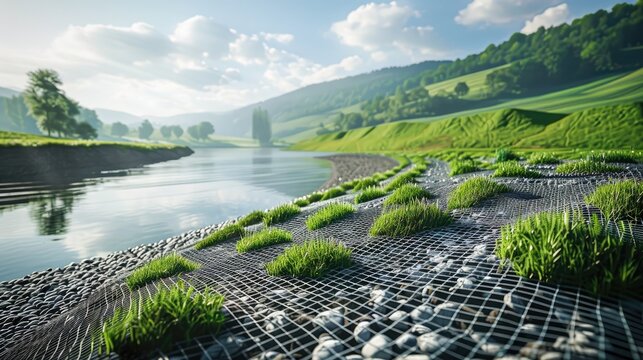 gravel mesh to strengthen the soil and gravel on the slope green grass grown through plastic mesh cells on the slope near the river bank