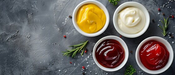 Traditional condiments on white saucers mustard ketchup BBQ sauce mayo On table with copy space