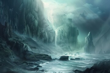 Mysterious rock formations and stormy sea in a fantasy world