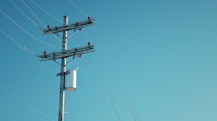 Obraz premium Electricity distribution high voltage power pole with wires on insulators against clear cloudless blue sky Critical energy infrastructure