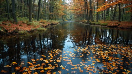 Serene river winding through an autumnal forest, fallen leaves floating on water, reflections of trees in vibrant colors, peaceful afternoon, editorial photography