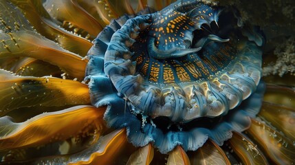 Blue Rayed Limpet Patella pellucid on kelp frond at low tide