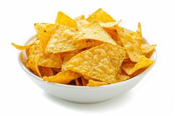 Traditional Mexican appetizer on white isolated background corn chips and nachos lightly salted served with fresh salsa dip in a bowl