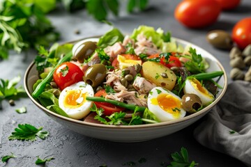 Traditional nicoise salad in a serving bowl with lettuce potato tomato green beans tuna anchovies eggs capers olives parsley on a grey surface