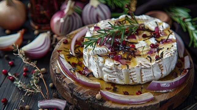 Camembert marinated in oil with red onion spices and herbs