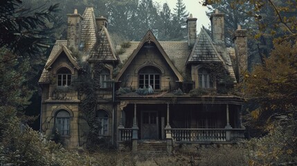 Vintage photo of haunted cottage in the forest