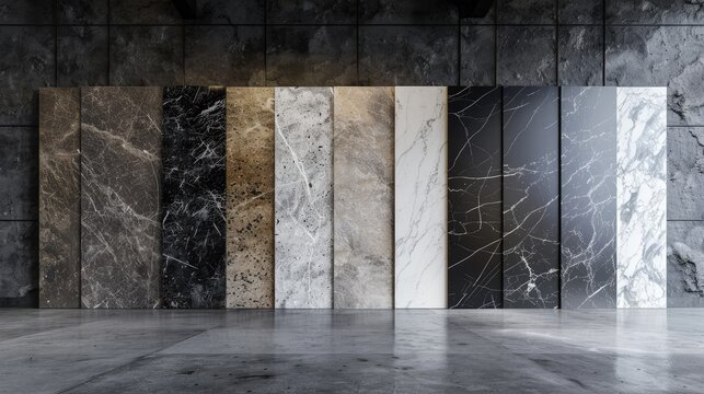 Kitchen countertop slabs presented as showroom walls made of granite marble and quartz They can be used for magazine or letter presentation Slabs can be fabricated for tile floor or bathroom vanity