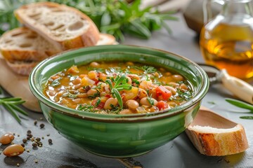 Tuscan bean soup with light rye ciabatta homemade and served in a green bowl