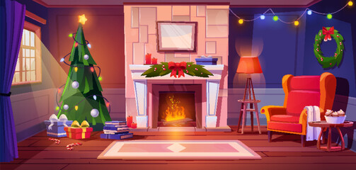 Christmas living room with fireplace. Vector cartoon illustration of cozy home interior with Xmas tree decorated with toys and garland, gift boxes on floor, armchair near fire, books on shelf, candles