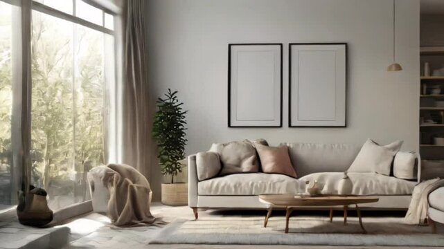 Frame mockup, ISO A paper size. White living room wall poster mockup. Interior mockup with house background. Modern interior design. 3D render.