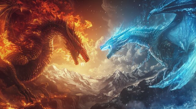 Epic illustration of two dragons, one of fire and one of ice, facing off in a dramatic and mystical conflict in a fantasy setting.