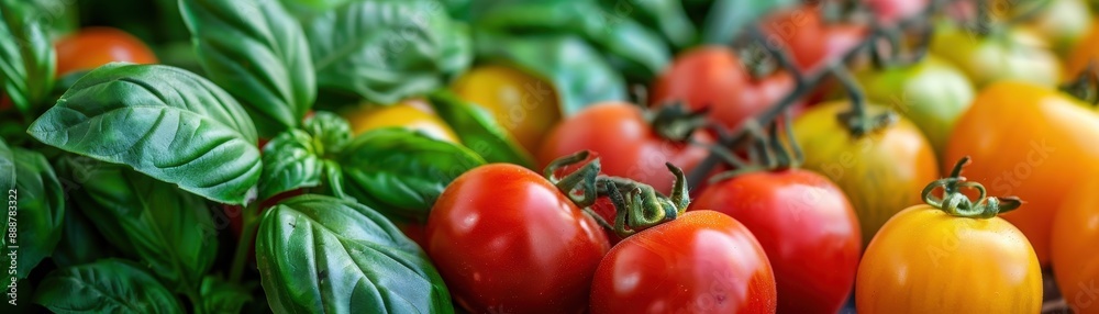 Wall mural fresh red and yellow tomatoes with basil