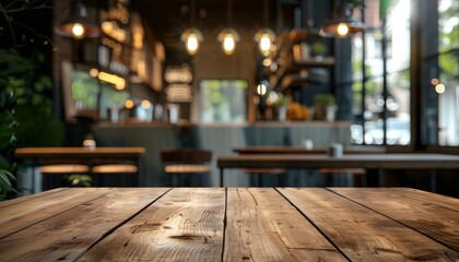 Unfocused view of wooden table corner in cafe or restaurant