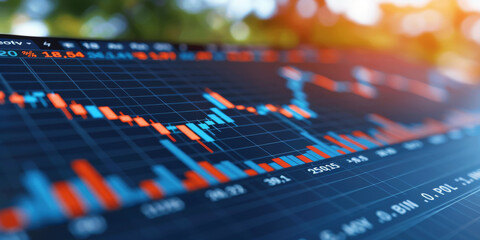 Creative growing blue forex chart and index on blurry background. Trade and financial growth concept. 3D Rendering.