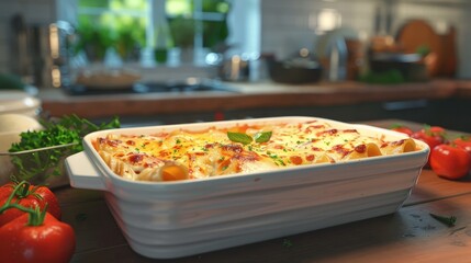 Fresh baked pasta casserole with stuffed cannelloni Baked with bolognese and bechamel sauce Topped with mozzarella cheese Real life