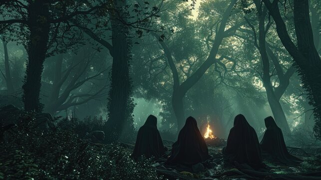 A witches coven in a scary forest