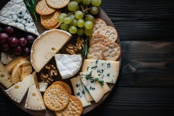 Various cheeses on a round wooden board with Camembert oak grated cheese hard cheese slices nuts grapes crackers bread thyme on a dark wooden backgr