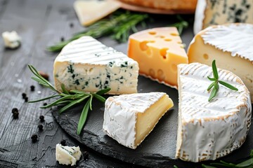 Various cheeses on black board
