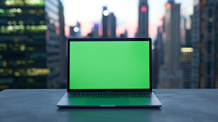 Mock up of a green screen laptop placed on a table. Skyscraper background, Ai Generated Images