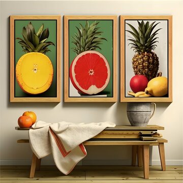 a set of three abstract posters depicting fruits in antique wooden frames on a wooden wall