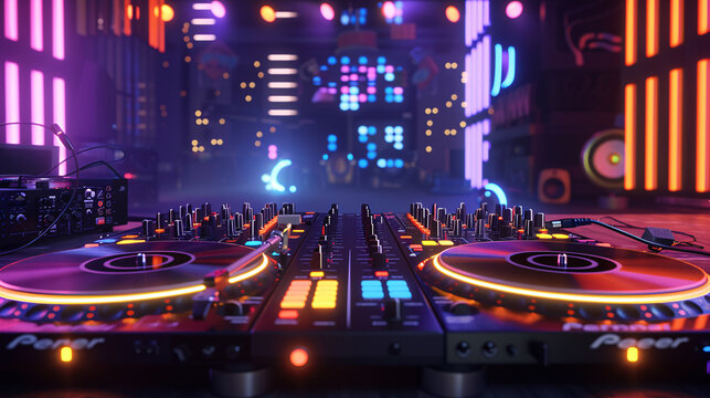 a dj mixer with lights and a stage