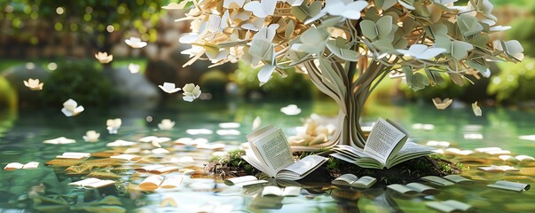 whimsical paper cut tree with open book leaves set in tranquil garden pond Space on the water's surface for text about education and growth