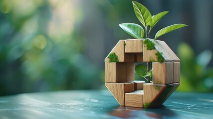 icon reduction of carbon emissions, carbon neutral, Net zero greenhouse gas emissions target, wooden cubes. circular economy concept