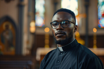 Fototapeta premium Religious man looks at the camera with serenity, peace and optimism. African-American catholic priest is smiling on slack studio background. Copy paste empty place or text