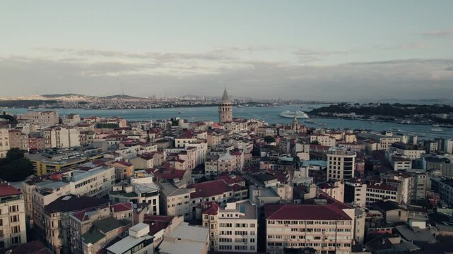 Drone view of quite dense residential buildings in the city near Galata Tower of Istanbul T&uuml;rkiye
