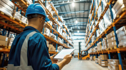 Warehouse worker using digital tablet to manage inventory in large distribution center. Logistics management, supply chain, inventory tracking, automation, warehouse operations, stock control.