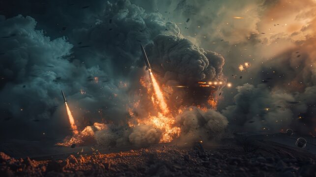 military bombing or air strike burning target location with missile rockets and shells with fire and smoke at destroyed warzone for world war and explosion concepts, wide copy space, Generative AI