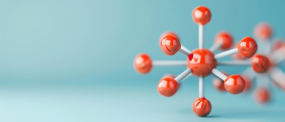 Abstract molecule model with red spheres and white bonds on blue background.