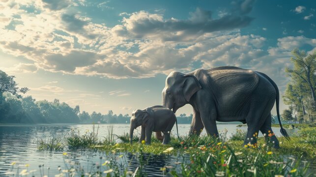 Mother elephant with her calf walking through a picturesque meadow by the water. tranquil wildlife scene in a serene setting. AI