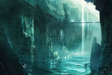 Mysterious underground lake with stone bridge and waterfalls