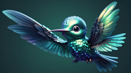 Cute 3D bubble hummingbird character, in pearly deep blue-green iridescent shining colour hues, adorable, childlike, cartoonish, smooth feathery feathery feathery texture, happy, hyperrealistic, high-