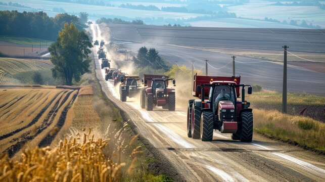 Row of tractors and agricultural machinery drives along the road, surrounded by cultivated fields. Agricultural workers go to protest rally against tax increases, changes in law, abolition of benefits