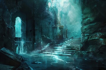 Mysterious temple ruins with glowing blue waterfalls and ancient architecture