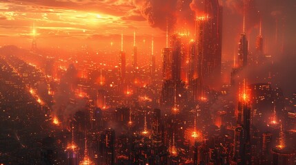 Fototapeta premium A breathtaking futuristic cityscape at dusk engulfed in vibrant red and orange hues with towering skyscrapers, emitting beams of light.