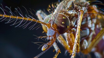 Fototapeta premium Detailed View of Anopheles, Malaria Spreading Mosquito, Insect on Skin, High Magnification, Health Hazard in Humid Regions