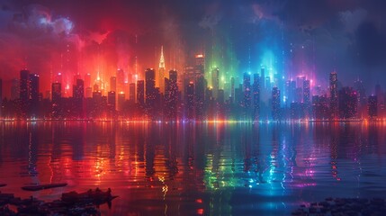 A vibrant city skyline illuminated with colorful lights reflecting on the water, creating a stunning and enchanting night scene.